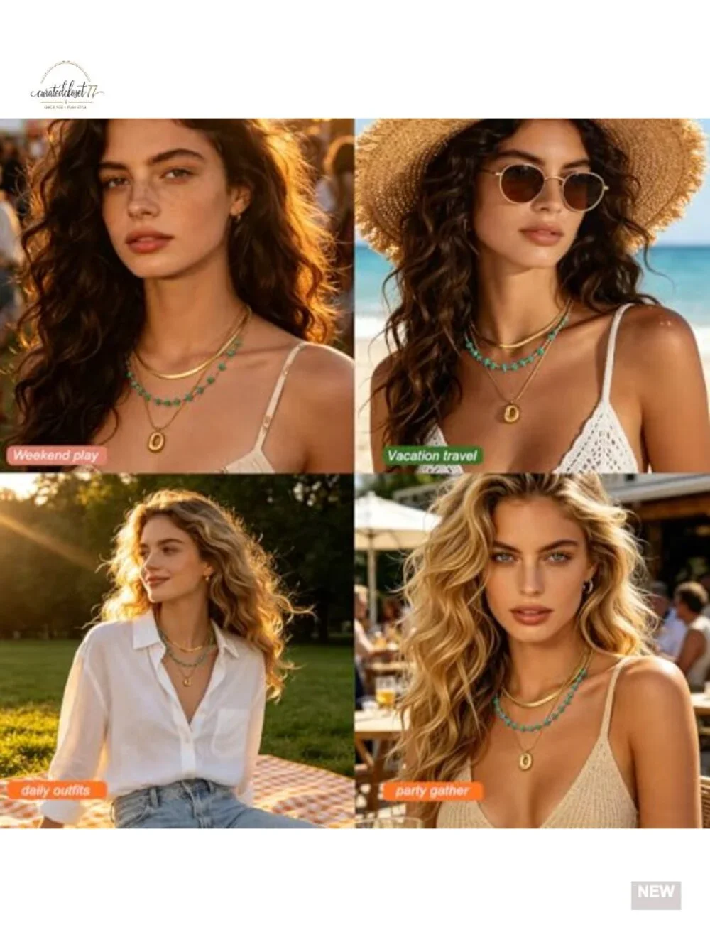 3-Piece Boho Layered Necklace Set Beaded Choker Gold Plated Stainless Steel